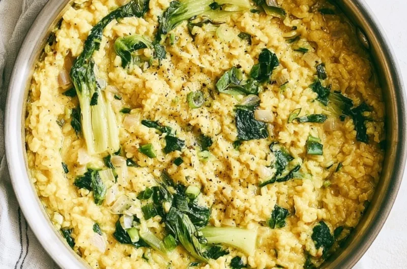 Bowl of creamy coconut rice garnished with herbs and spices for anti-inflammatory benefits.