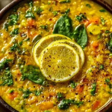 Bowl of Anti-Inflammatory Golden Lemon Lentil Soup garnished with herbs