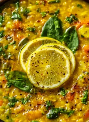 Bowl of Anti-Inflammatory Golden Lemon Lentil Soup garnished with herbs