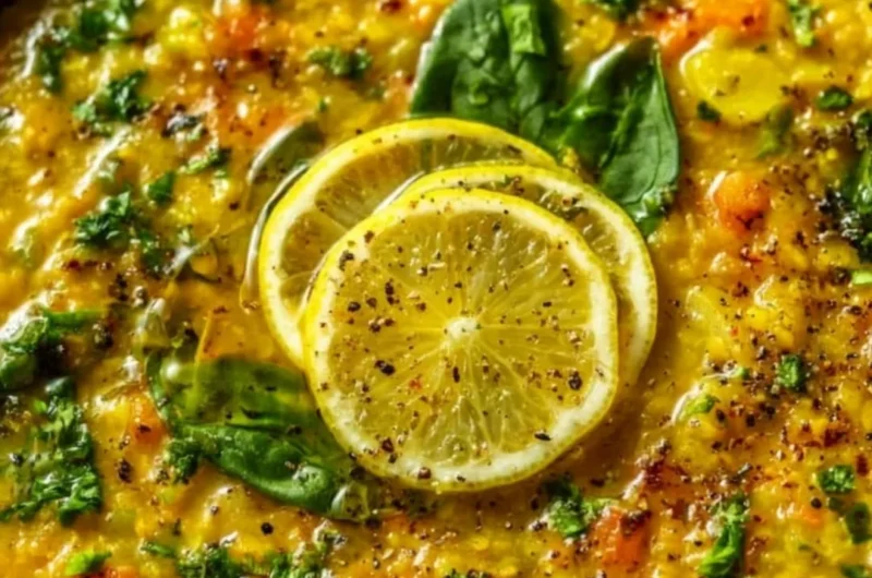Bowl of Anti-Inflammatory Golden Lemon Lentil Soup garnished with herbs