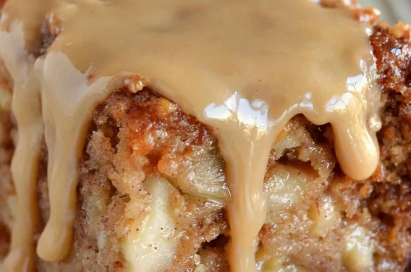 Slice of delicious Apple Dapple Cake with apples and nuts on a plate
