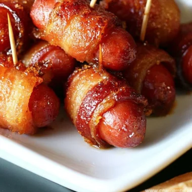 Delicious bacon wrapped smokies with brown sugar glaze on a platter