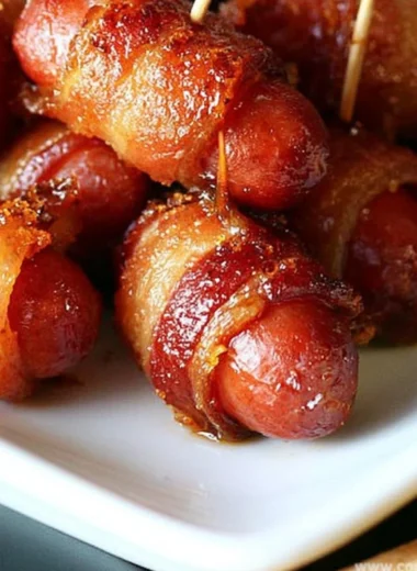 Delicious bacon wrapped smokies with brown sugar glaze on a platter
