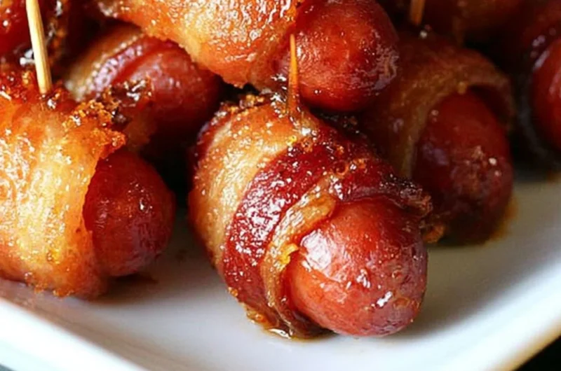 Delicious bacon wrapped smokies with brown sugar glaze on a platter