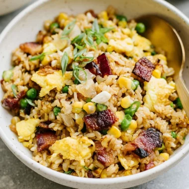 Delicious breakfast fried rice served in a bowl with vegetables and eggs.