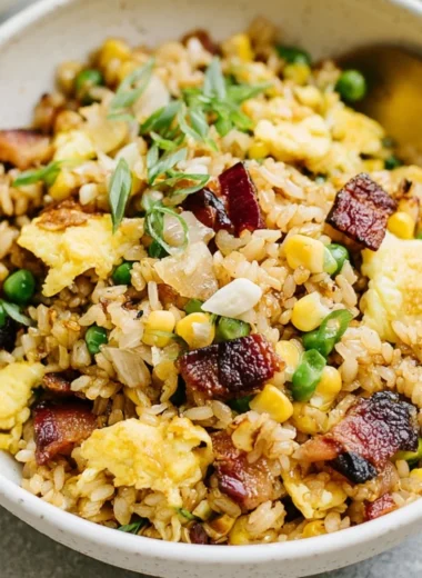 Delicious breakfast fried rice served in a bowl with vegetables and eggs.
