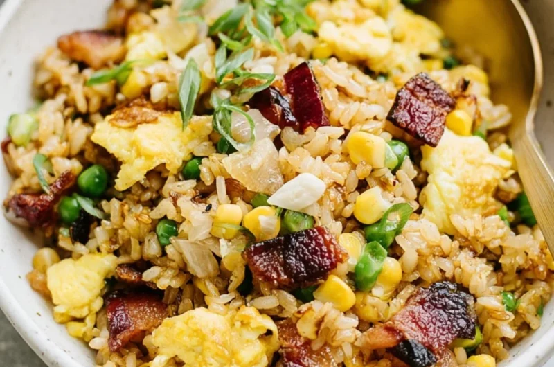 Delicious breakfast fried rice served in a bowl with vegetables and eggs.