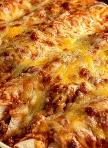 Cheesy beef and cheese enchiladas garnished with fresh cilantro
