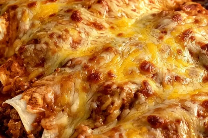 Cheesy beef and cheese enchiladas garnished with fresh cilantro