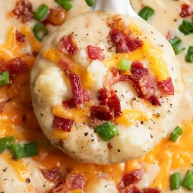 Creamy cheesy potato soup with hash browns in a bowl.