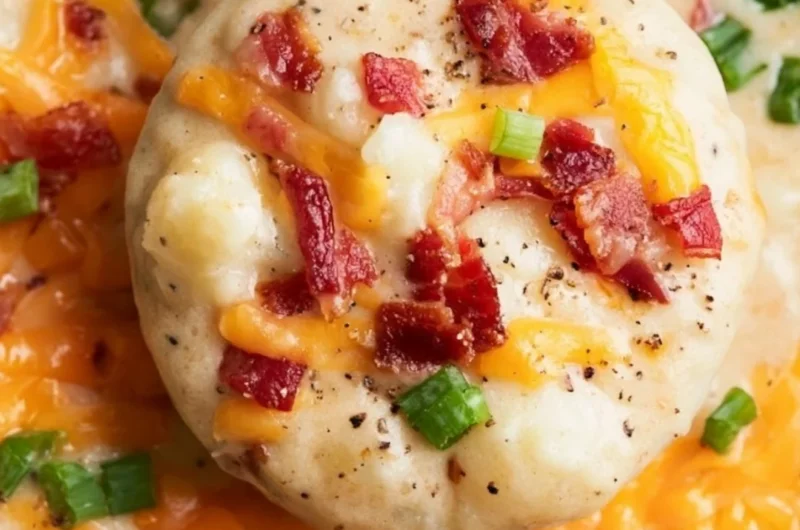 Creamy cheesy potato soup with hash browns in a bowl.