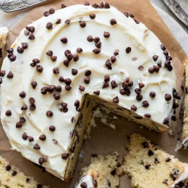Delicious chocolate chip cake topped with chocolate chips and served on a plate.