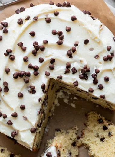 Delicious chocolate chip cake topped with chocolate chips and served on a plate.