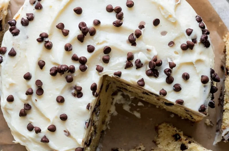 Delicious chocolate chip cake topped with chocolate chips and served on a plate.