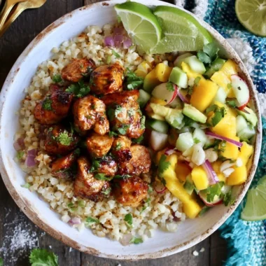Cilantro Lime Riced Cauliflower and Chicken Bowl served in a vibrant dish