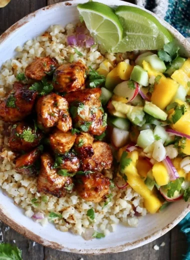 Cilantro Lime Riced Cauliflower and Chicken Bowl served in a vibrant dish