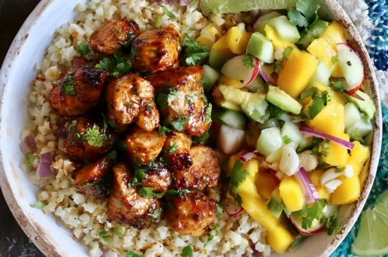 Cilantro Lime Riced Cauliflower and Chicken Bowl served in a vibrant dish
