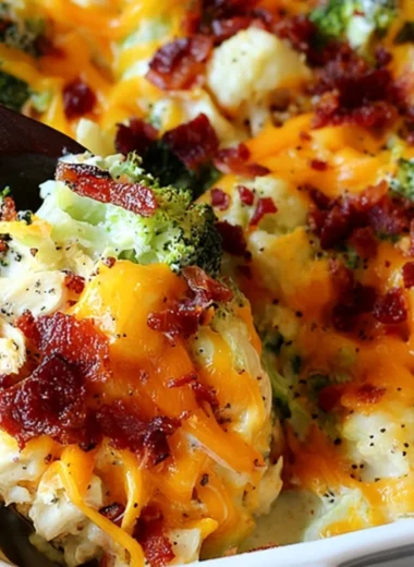 Cozy Chicken Bacon Ranch Casserole with crispy bacon and melted cheese