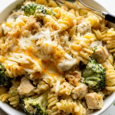 Delicious Cozy Chicken Noodle Casserole with tender chicken and noodles