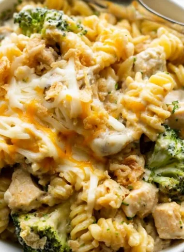 Delicious Cozy Chicken Noodle Casserole with tender chicken and noodles