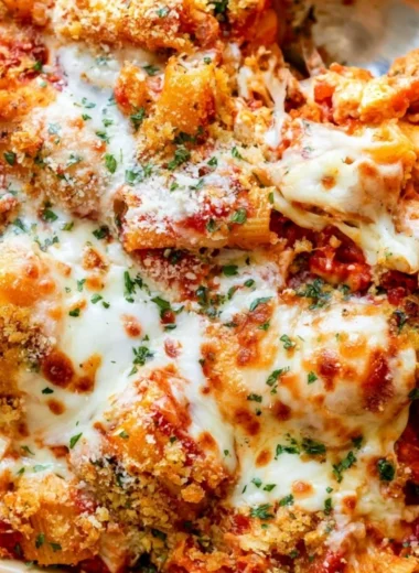 Cozy Chicken Parmesan Casserole ready to serve, with melted cheese and chicken slices.