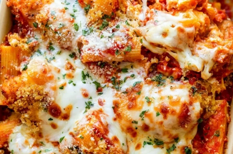 Cozy Chicken Parmesan Casserole ready to serve, with melted cheese and chicken slices.