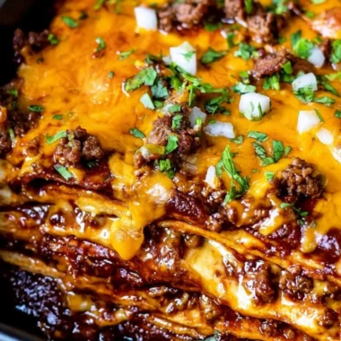 Delicious beef enchilada casserole topped with melted cheese