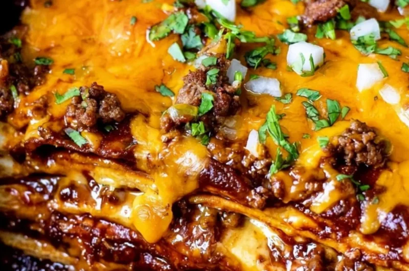 Delicious beef enchilada casserole topped with melted cheese