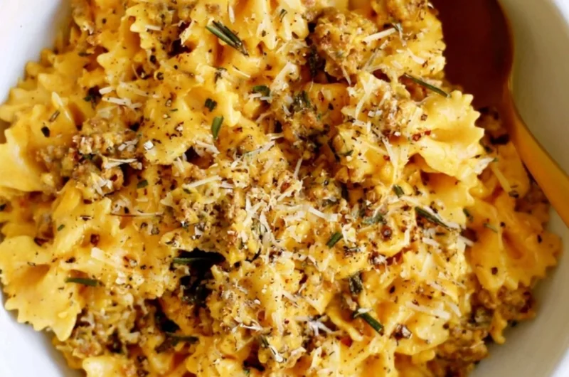 Cozy creamy pumpkin pasta served in a bowl with fresh herbs and parmesan cheese.