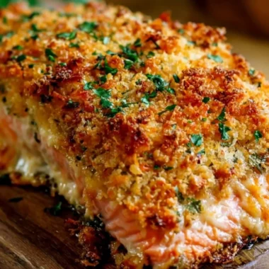 Crispy parmesan crusted baked salmon garnished with herbs on a plate