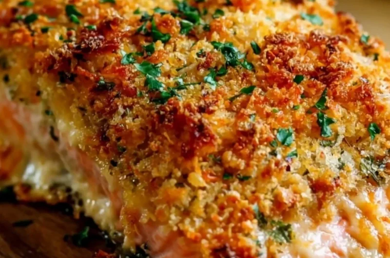 Crispy parmesan crusted baked salmon garnished with herbs on a plate