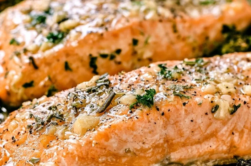 Cozy Garlic Butter Baked Salmon with herbs and lemon on a serving plate