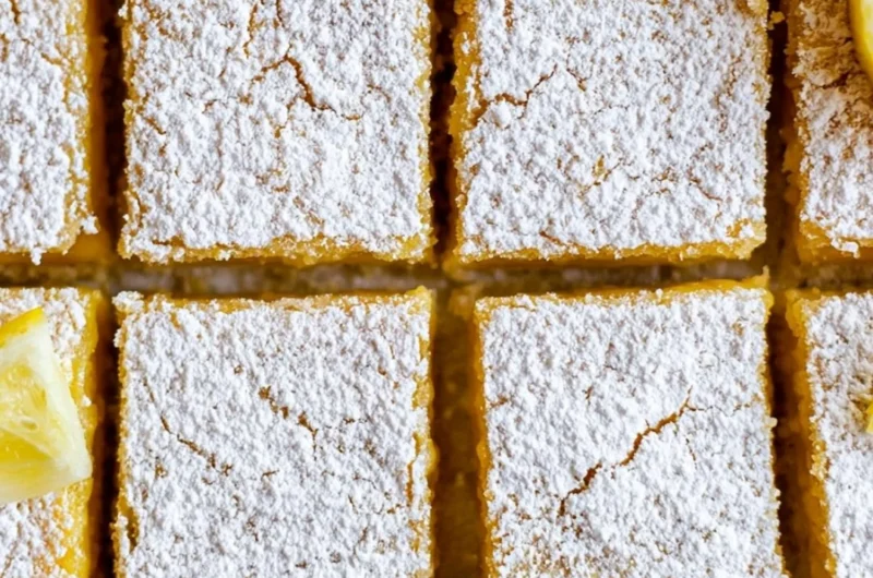 Delicious cozy lemon bars topped with powdered sugar, a slice of sunshine.