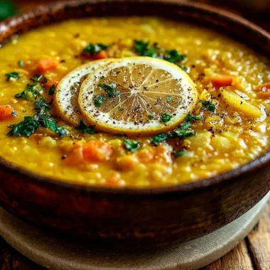 Bowl of cozy lemon lentil soup garnished with fresh herbs and lemon slices