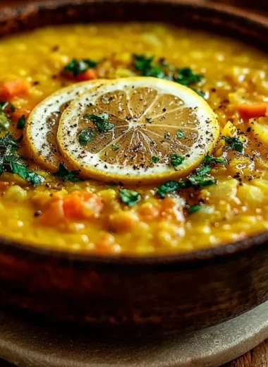 Bowl of cozy lemon lentil soup garnished with fresh herbs and lemon slices