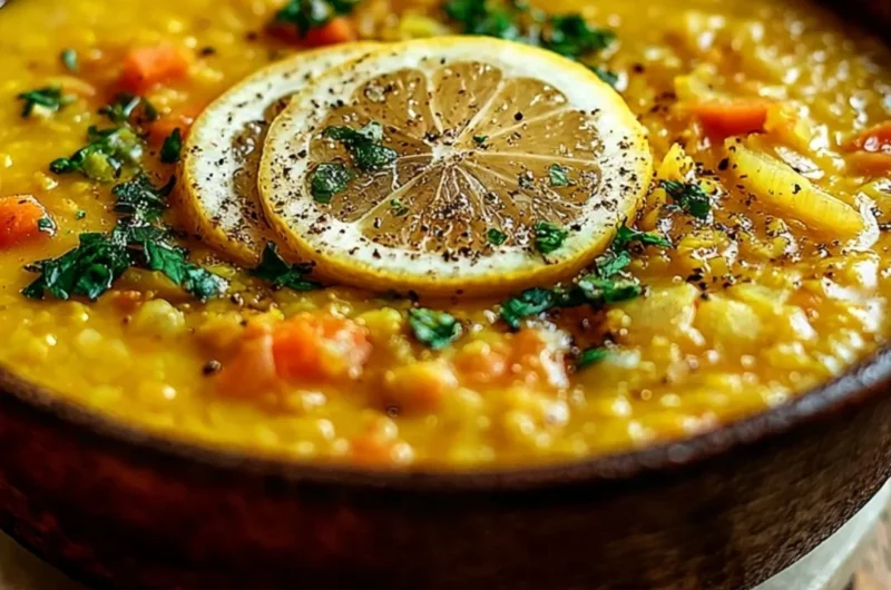 Bowl of cozy lemon lentil soup garnished with fresh herbs and lemon slices