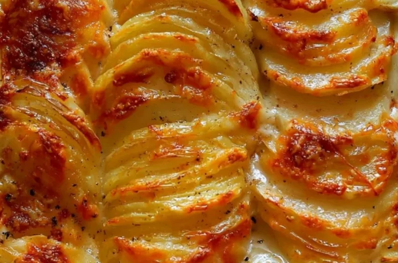 Deliciously baked potatoes au gratin with cheese and crispy topping