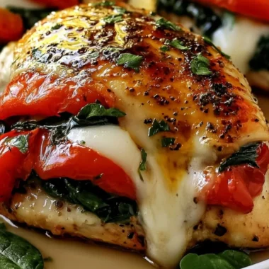 Cozy roasted red pepper, spinach, and mozzarella stuffed chicken dish