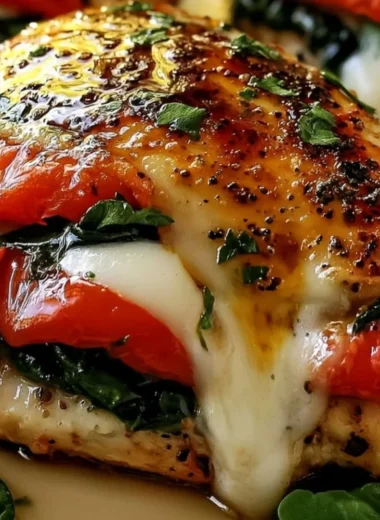 Cozy roasted red pepper, spinach, and mozzarella stuffed chicken dish