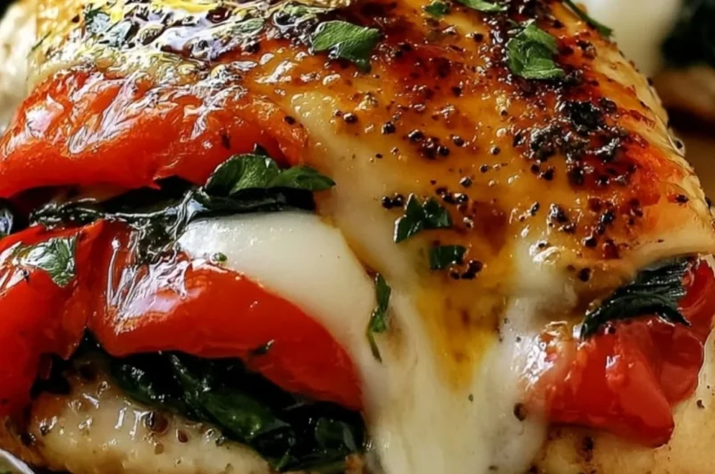 Cozy roasted red pepper, spinach, and mozzarella stuffed chicken dish