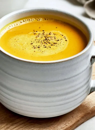 Cozy turmeric golden milk in a warm cup with spices and ingredients