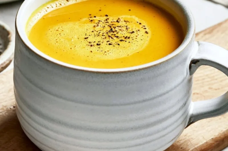 Cozy turmeric golden milk in a warm cup with spices and ingredients