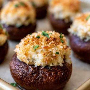 Creamy garlic and herb cheese filled roasted mushrooms fresh out of the oven.