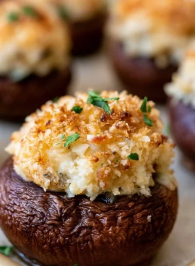 Creamy garlic and herb cheese filled roasted mushrooms fresh out of the oven.