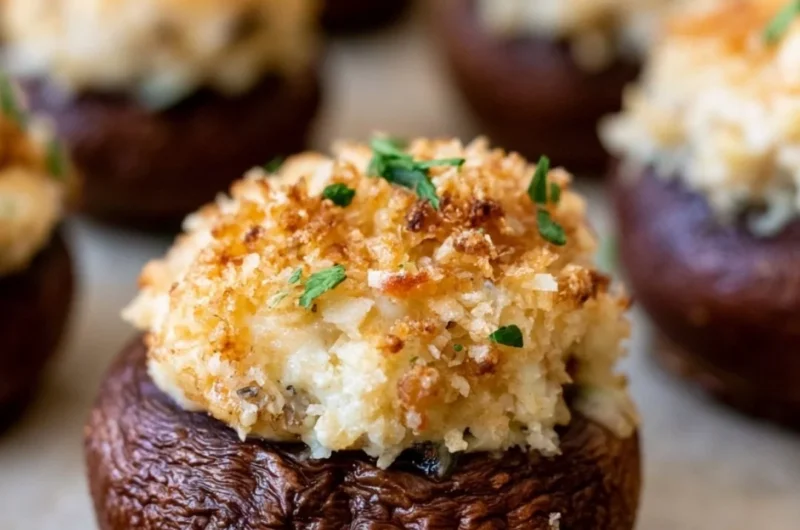 Creamy garlic and herb cheese filled roasted mushrooms fresh out of the oven.