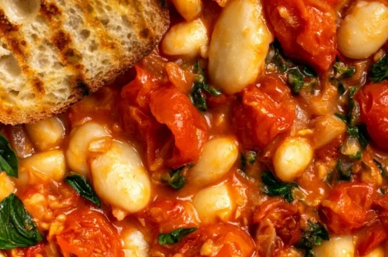 Creamy tomato basil butter beans stew in a bowl garnished with fresh basil.