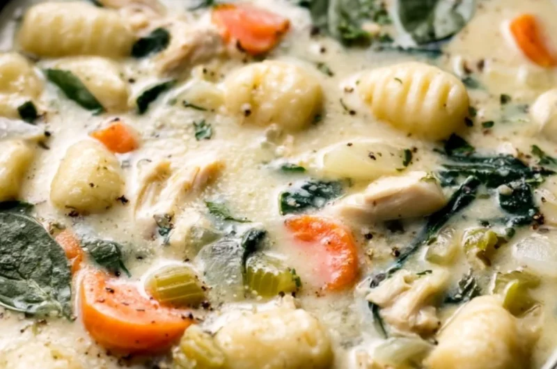 Bowl of creamy Crockpot Chicken Gnocchi Soup with vegetables and herbs