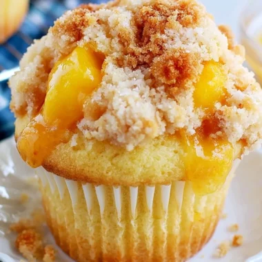 Delicious homemade peach cobbler muffins topped with crumble and peaches
