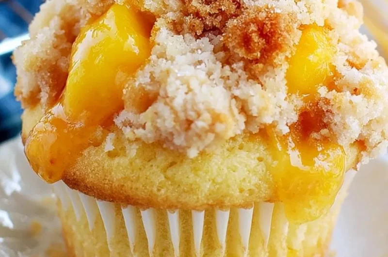 Delicious homemade peach cobbler muffins topped with crumble and peaches