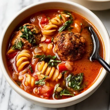 Delicious bowl of easy meatball soup with fresh herbs and vegetables